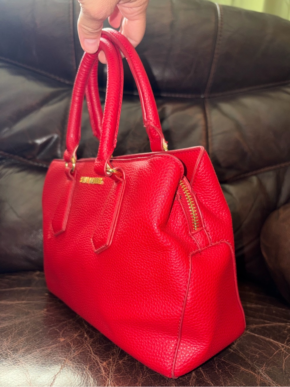 Bright Red Steve Madden Faux Leather Satchel Handbag Gold Preppy Cruelty free